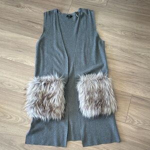 Kobi Halperin faux fur pockets long gray vest. Fur panels are removable. Medium